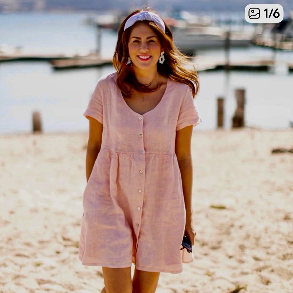 100% linen Priv babydoll minidress with buttons and short sleeves M/L